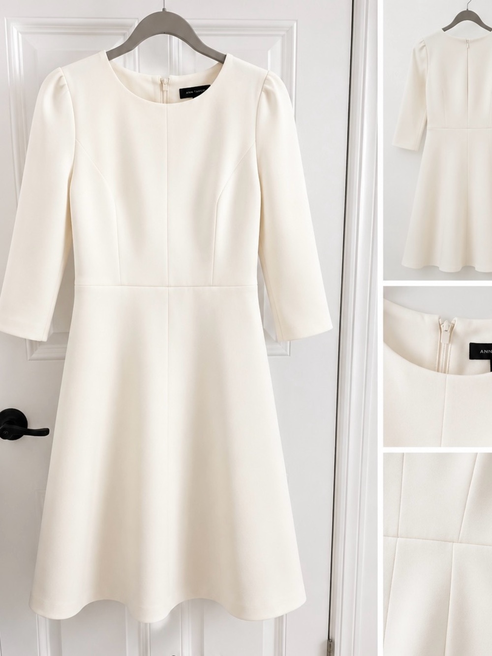 Ann Taylor Ivory Fit & Flare Dress 3/4 Sleeve Structured Waist Zip Back Size 4
